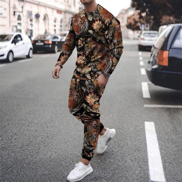 

men's tracksuits vintage tiger printing two piece sets men autumn casual outfits long sleeve o-neck and pants suits male fashion stree, Gray