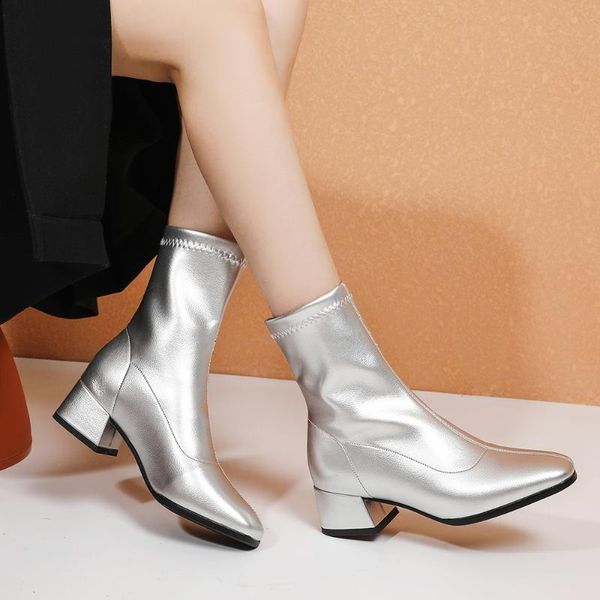 

fashion patent leather womens ankle booties square toe thick with slip-on plus short plush warm comfortable boots 5 colors, Black