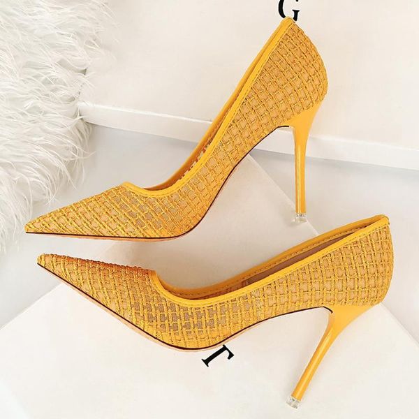 

dress shoes 2021 women 9.5cm high heels fashion pumps lady pointed toe stiletto pink fetish escarpins mesh lace prom yellow wedding1, Black