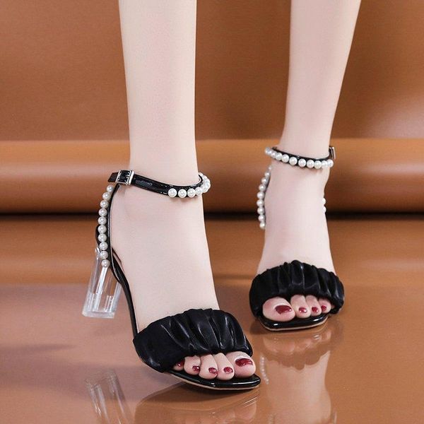 

summer ladies pearl decoration square toe high heels pu leather sandals lady casual all-match fashion dress shoes, Black