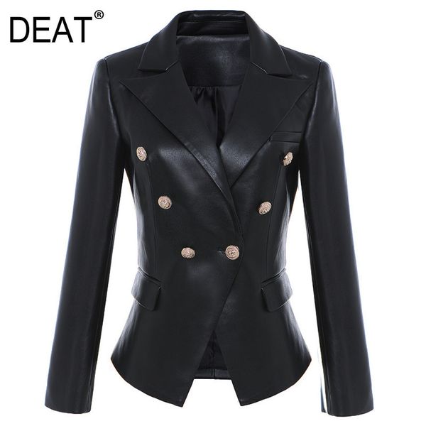 

v-neck collar long sleeve double breasted solid black synthetic leather fitting suit coat spring gx728 210421