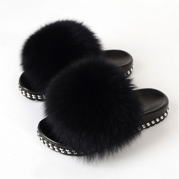 

women house ffy slippers home female furry slides indoor summer real fur flip flops ladies luxury sandals shoes 210310, Black