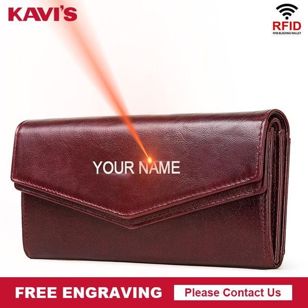 

wallets kavis engraving high capacity genuine leather wallet female coin purse women portomonee clutch clamp money bag card holders, Red;black