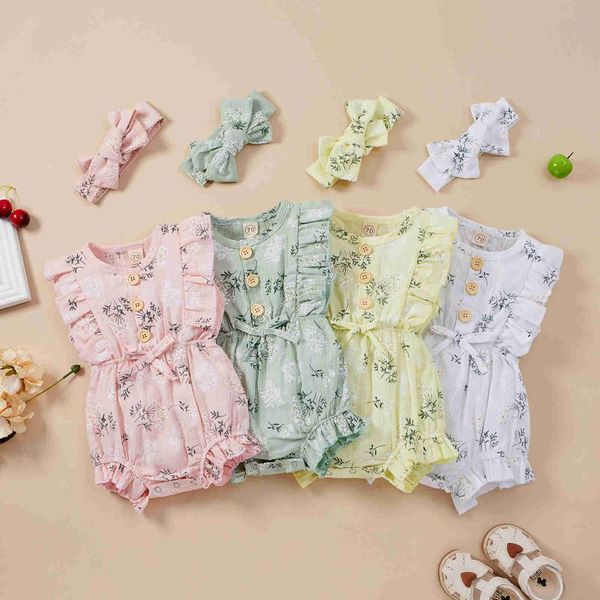

jumpsuits baby floral print clothes set, girls sleeveless o-neck jumpsuit with ruffles + bow-knot headband, Blue