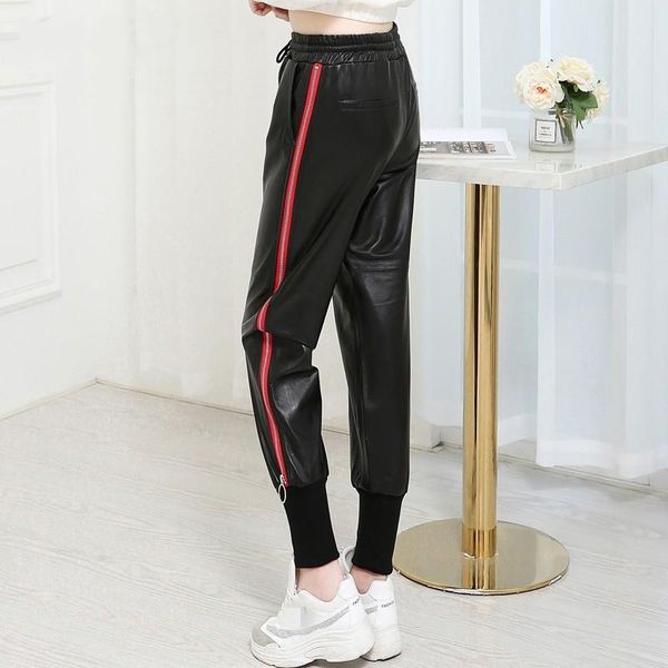 

women's pants & capris 2021 spring genuine leather women brand elastic high waist casual trousers zip designer street sheepskin long bl, Black;white