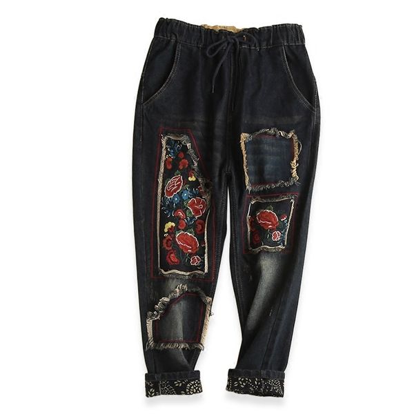 

jeans 2021-style ethnic brem harem casual women's pants loose embroidered vintage denim brim waistline breeches mujer cowboys, Blue