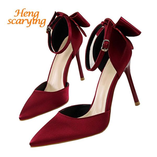 

plus size 43 women summer 10cm high heels sandals lady satin silk burgundy stiletto pumps female footwear scarpins shoes, Black