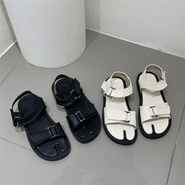 

sandals buckle strap low woman leather all-match female shoe open toe 2021 summer soft low-heeled comfort girls peep flat be, Black