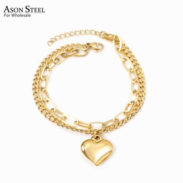 

link, chain asonsteel gold/silver color heart charm bracelet stainless steel double chains bangle for women fashion jewelry gift accessories, Black