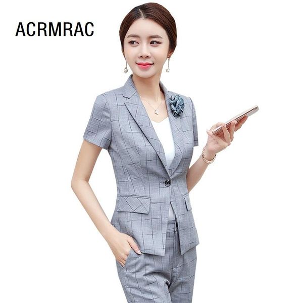 

women suits slim summer short sleeve plaid jacket pants 2-piece set woman 1308 women's two piece, White