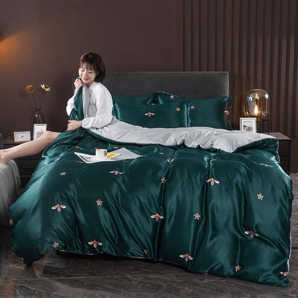 

bedding sets green luxury 3/4pcs mulberry silk set bee duvet cover quilt flat sheet pillowcases twin full  king
