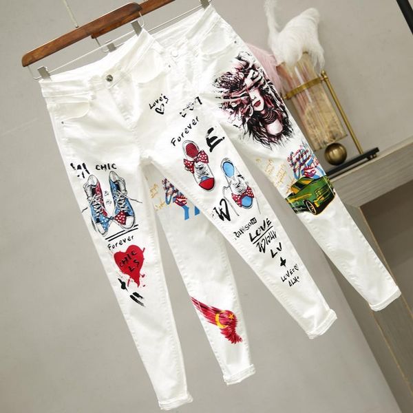 

plus size women white denim jeans cartoon graffiti flowers print stretched hallen jeans pencil pants autumn skinny jeans lu1271, Blue