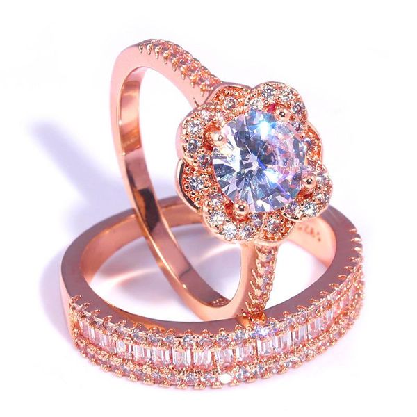 

engagement rings white rose gold ring set for women pink zircon crystal jewelry wedding accessories, Slivery;golden