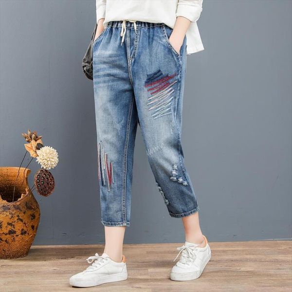 

summer loose and plus women jeans sized elastic waist cartoon embroidered harem pants girls all match casual, Blue