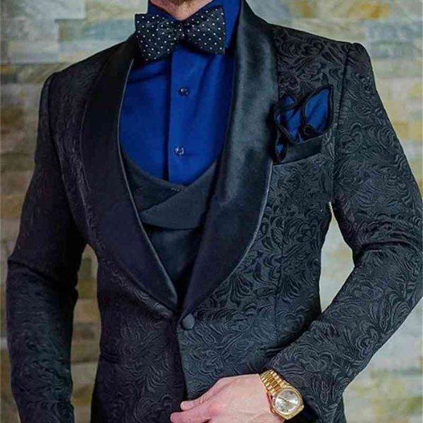 

men's suits & blazers est men black pattern groom tuxedos shawl satin lapel groomsmen wedding man ( jacket+pants+vest+tie ) l422 6, White;black