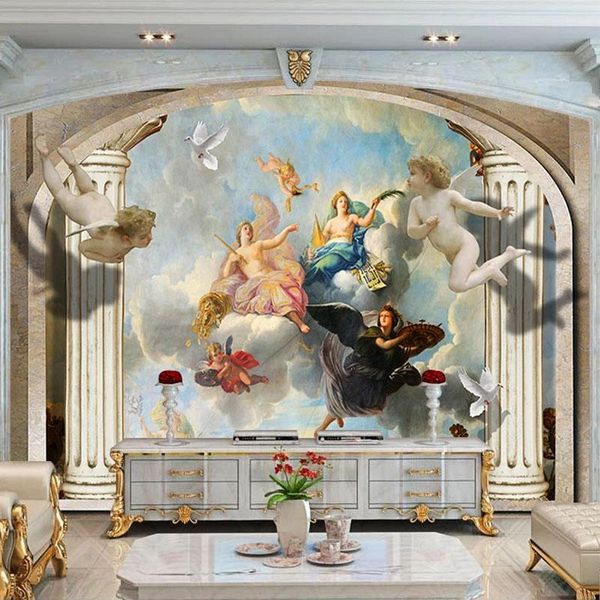 

wallpapers drop european style retro mural wallpaper 3d stereo roman column angel figures oil painting fresco el wall sticker