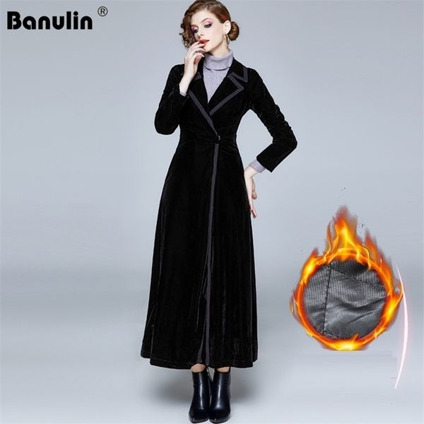 Designer Winter Designer Donne Vintage Dotched Collar Wrap Black Velvet Maxi Cappotto Spessore Trench Long Trench Outwear 210820