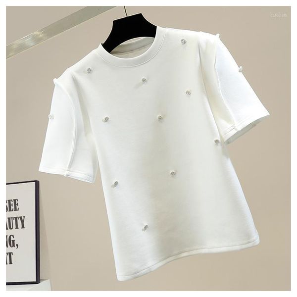 

women's t-shirt pearl beaded round neck pullover short sleeve casual women loose all-matching tees lady chic white black
