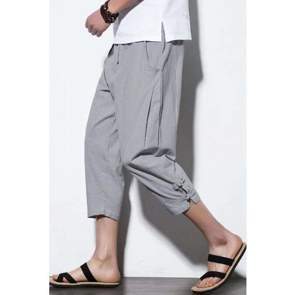 

men's pants yiwa man pure simple trousers large size fashion cotton linen cropped flax seven-cent clothing 2021, Black