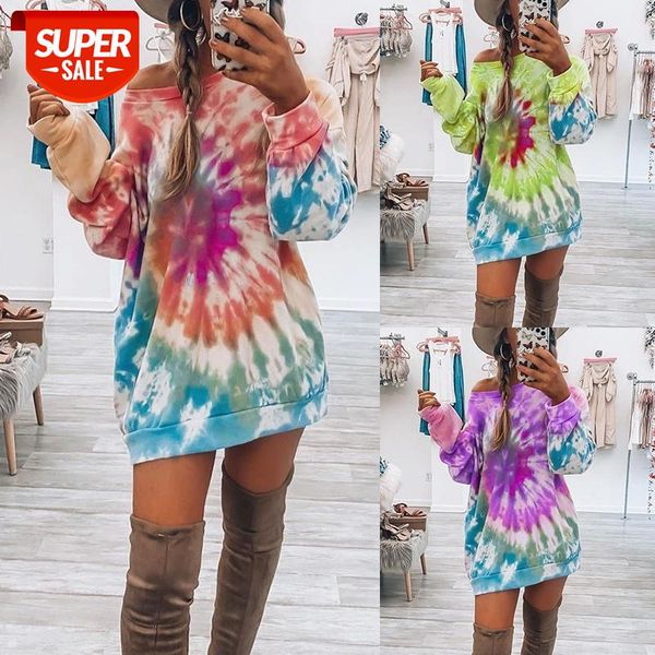 

woman stylish tie-dye print dress obliqueneckline raglan long sleeve mini autumn winter casual loose clothes daily wear #ee8k, White;black
