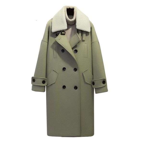 

women's wool & blends spring winter coat women lady double breasted turn-down collar solid casual en overcoat wide-waisted long 53mi, Black