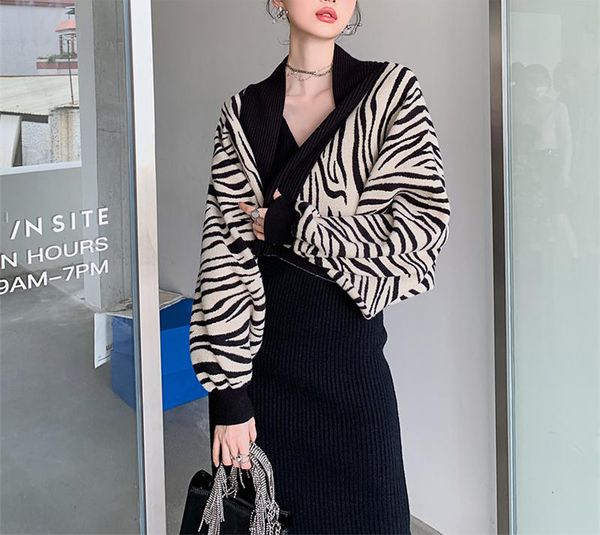 

fashion knit two pieces v neck vest dress + short zebra print latern sleeves outerwear casual wear versatile soft sweater autumn winter, White