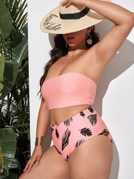 

plus plant print bandeau bikini swimsuit b8zm#, Black