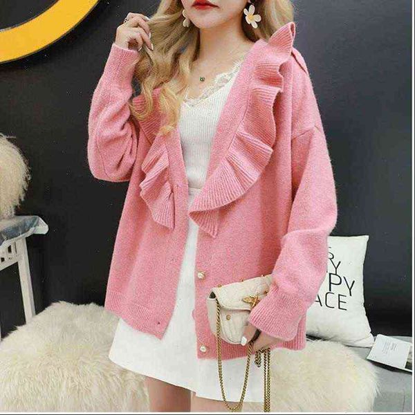 

Female Womens Sweater Loose Knitted Cute Cardigans Casual Long Sleeve V Neck Wave Cut Women Fall Plus Size Coat, White;black