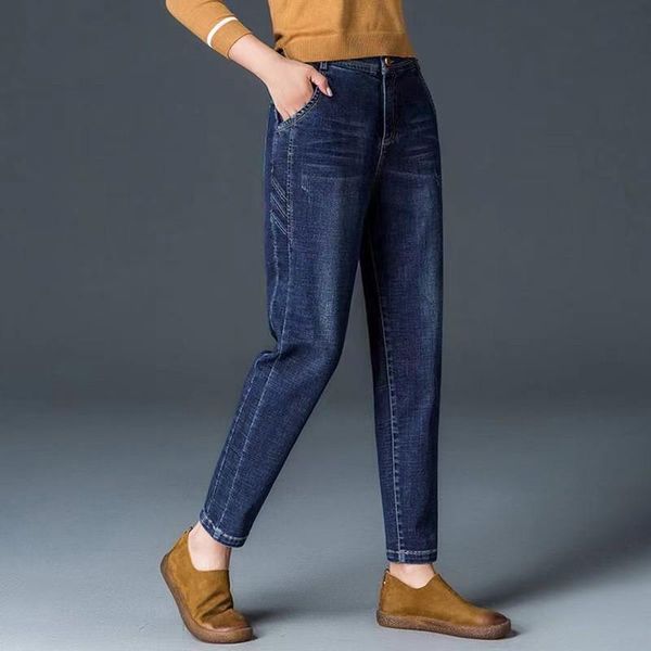 

women's jeans spring autumn high waist for women wide leg plus size loose washed vintage quality female denim pants, Blue