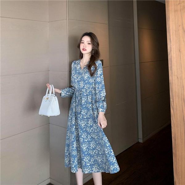 

casual dresses coigarsam women dress autumn 2022 full sleeve floral print blue robe vestidos, Black;gray