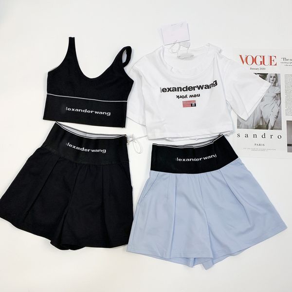 

aw king 2020 new zipper hip lifting wide leg pants high elastic letter middle waist casual shorts for women, White;black