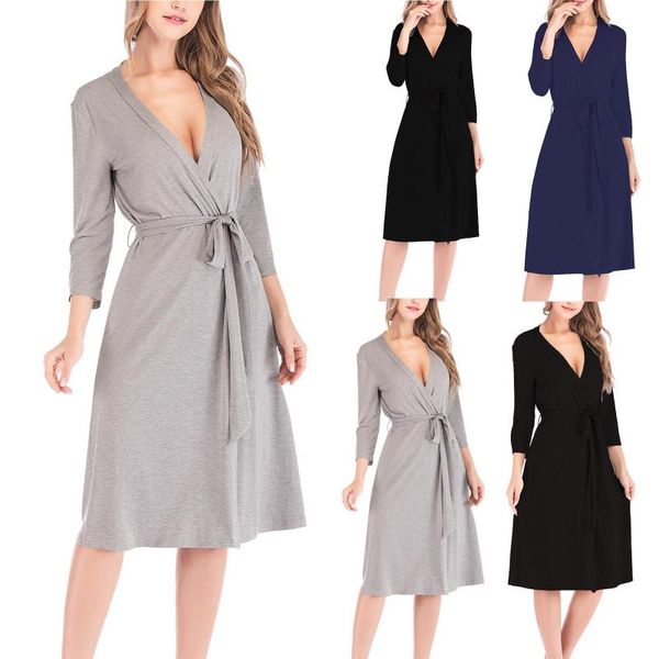 

women's sleepwear bathrobe female soft casual winter leng solid ladies home clothes long sleeve dress loose o-neck lingerie, Black;red