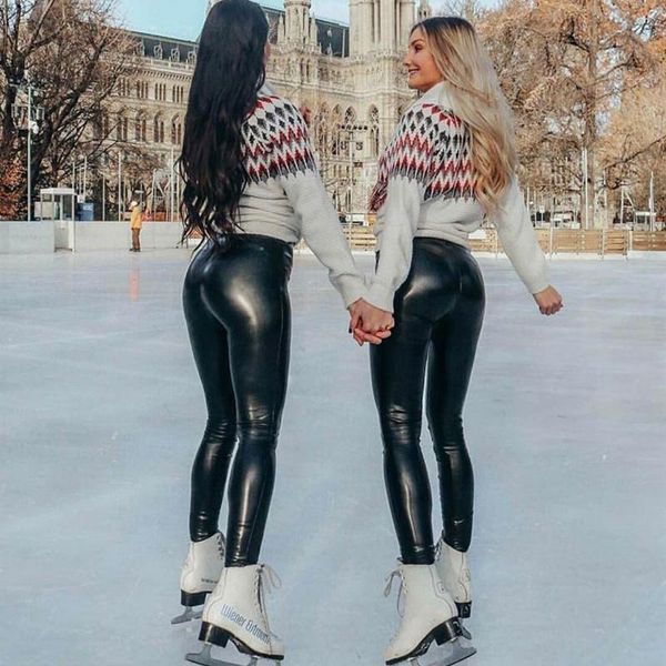 

women's leggings high waist pants stretch women plus size leather warm velvet trousers, Black