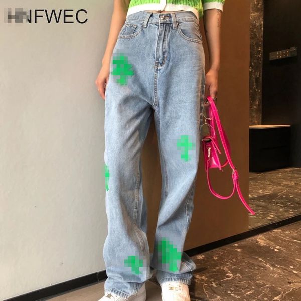 

2011Patchwork Wide Leg Jeans For Women High Waist Straight Pocket Large Size Casual Pants Female 2021 Summer Fashion New K642, Blue