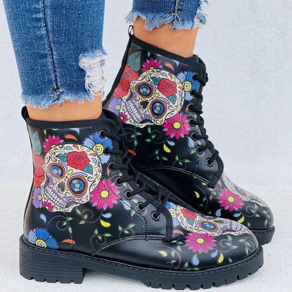 Knöchel Frauenstiefel Punk Vintage High Top Skull Print Blumenfolie Mode Low Heel Schnürung Britische Kampfstiefel Lady Short Stiefel 4198