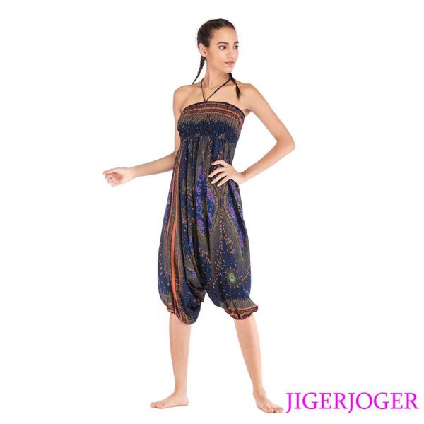 

thai navy gold peacock eye printed 2 in 1 jumpsuit harem pants strappy halter beach loose baggy yoga leggings running, Black;blue