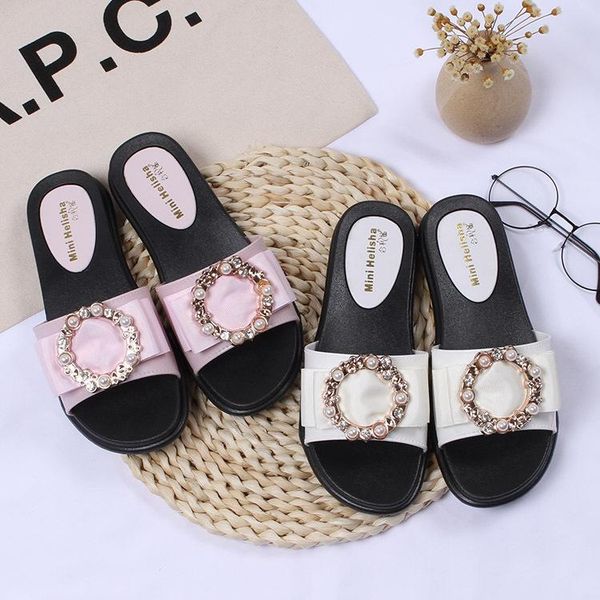 

summer korean-style fashion students indoor outdoor flat heel round buckle pearl sandals slipper, Black