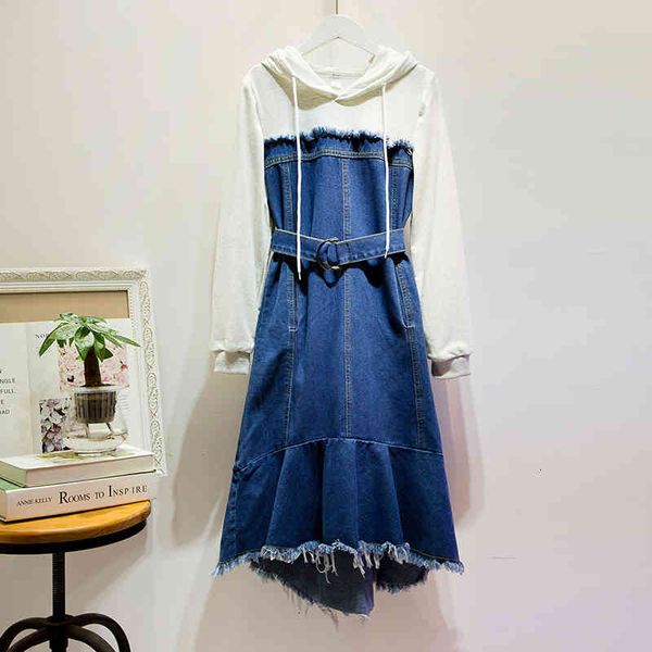 

mid-length mode with knitted hood denim dress a543, Black;gray