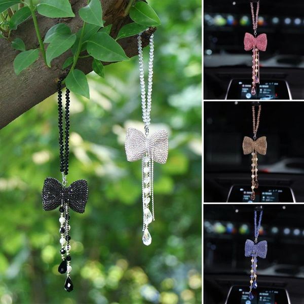 

interior decorations lucky diamond crystal pendant car hanging accessories bling rear view mirror tassel bowknot rhinestones