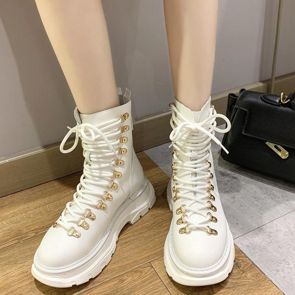 

boots fashion metal rivet ankle for women 2021 casual cross strap platform shoes woman black white pu leather short