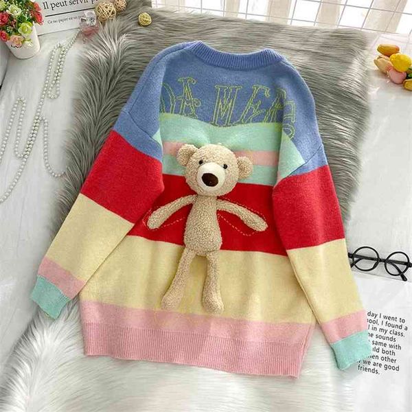 

korobov vintage o neck long sleeve women sweaters korean cartoon striped rainbow sueter mujer new arrival jumper femme 210430, White;black
