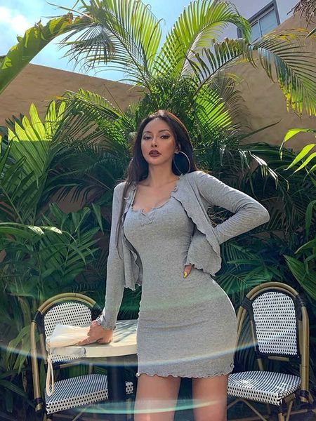 

xibani autumn goddess suit skirt two piece set short cardigan long sleeve slim sling dress with solid wood ear edge 210604, White