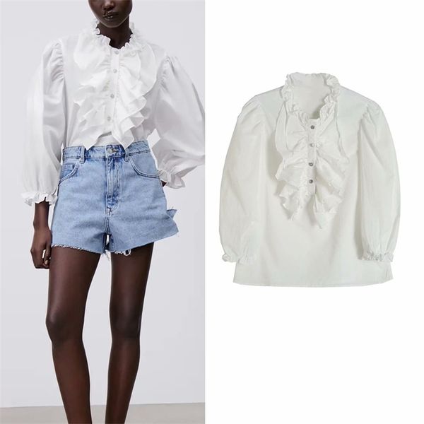 Vrouwen Zomer Vintage Witte Blouses Shirts Tops Za Lange Mouw Cascading Ruffle Knoppen Vrouwelijke Mode Top Kleding Blusas 210513