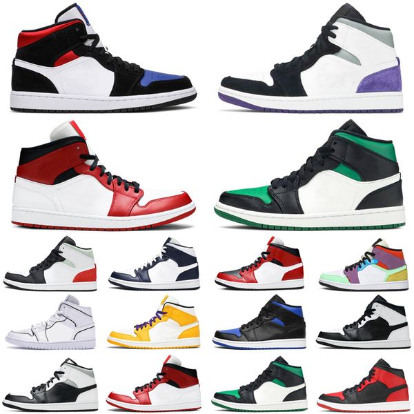 

fashion mid 1 1s mens basketball shoes unc obsidian chicago hyper royal multicolor bred pine green men trainers sports sneakers size 7-12, White;red