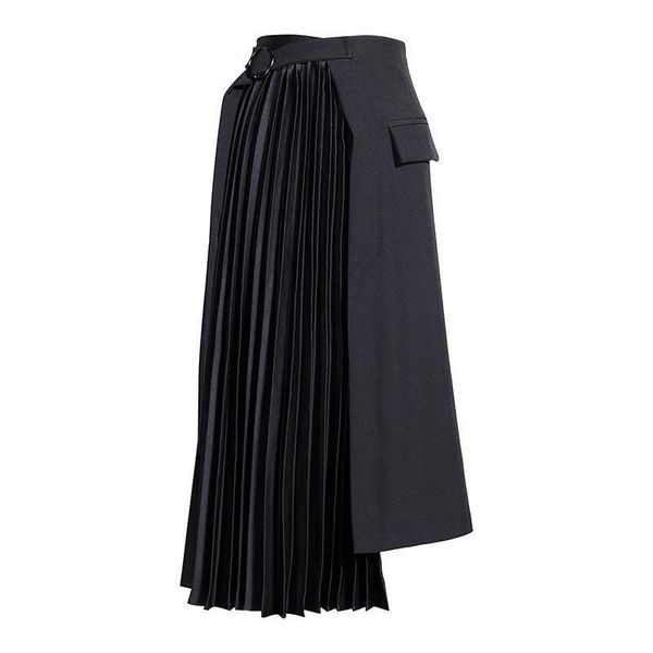 

fashion summer autumn high waist womens skirt belt pocket irregular asymmetrical pleated half body women q358, Black