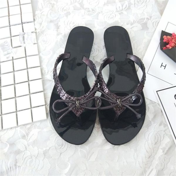 

slippers 2021 fashion women shiny bowknot flat flip flops shoes casual all-match beach sandals sm082, Black