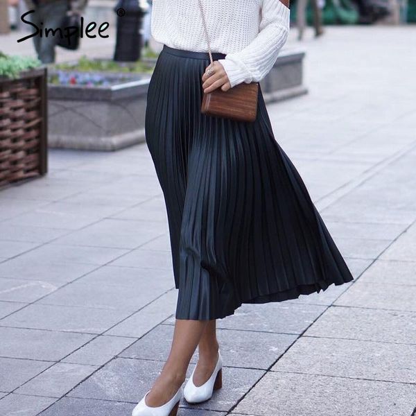 

skirts simplee high waist pleated skirt women a-line skinny midi female autumn winter 2021 casual chic streetwear, Black
