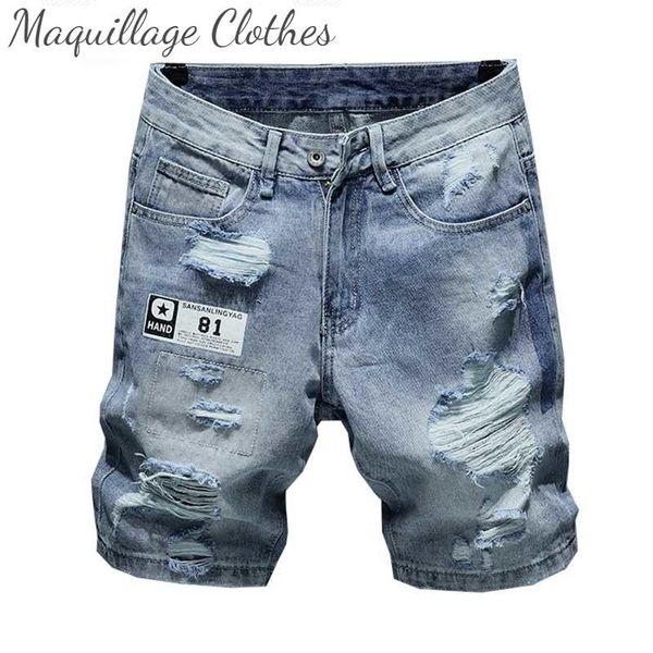 

summer men ripped holes denim shorts hip hop cotton jeans for male washed brand designer men's, Blue
