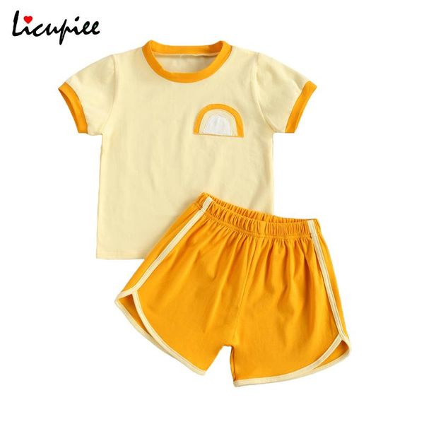 

clothing sets 1-5 years solid casual 2 pieces kids suit set round collar short sleeve pullover+ high waist shorts summer yellow, White