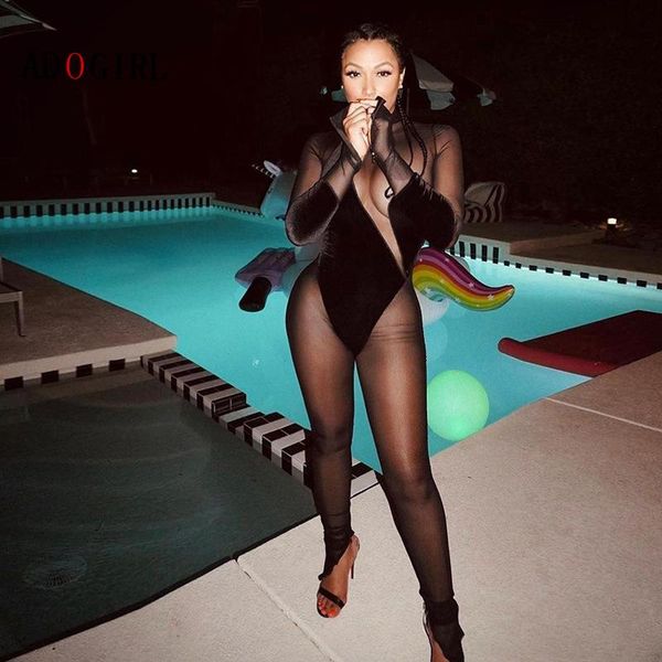 

women's jumpsuits & rompers adogirl transparent bodycon jumpsuit women turtleneck elegant night party velvet long sleeve mesh patchwork, Black;white
